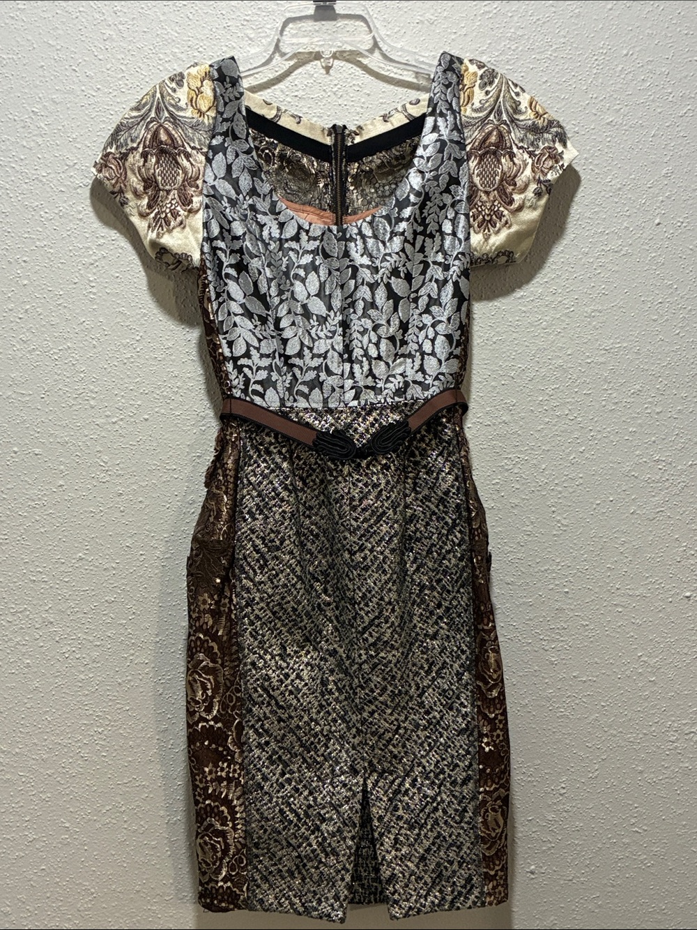 Byron Lars Mixed-Pattern Midi Dress in Cream, Silver & Brown
